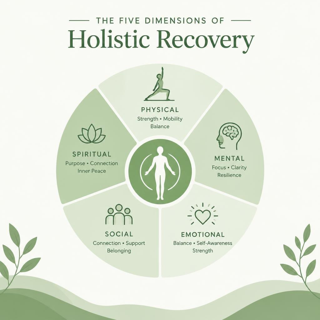 Infographic illustrating the five dimensions of holistic recovery: physical, mental, emotional, social, and spiritual well-being.