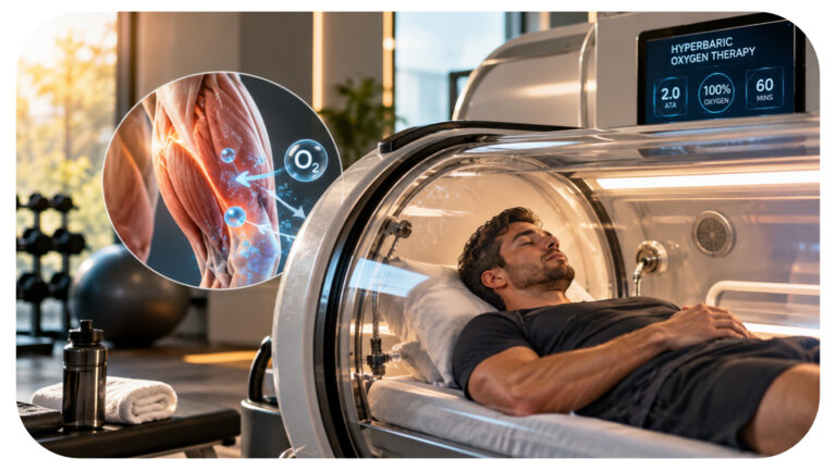 Man resting inside a hyperbaric oxygen therapy chamber with a muscle anatomy illustration showing oxygen delivery during a recovery session.