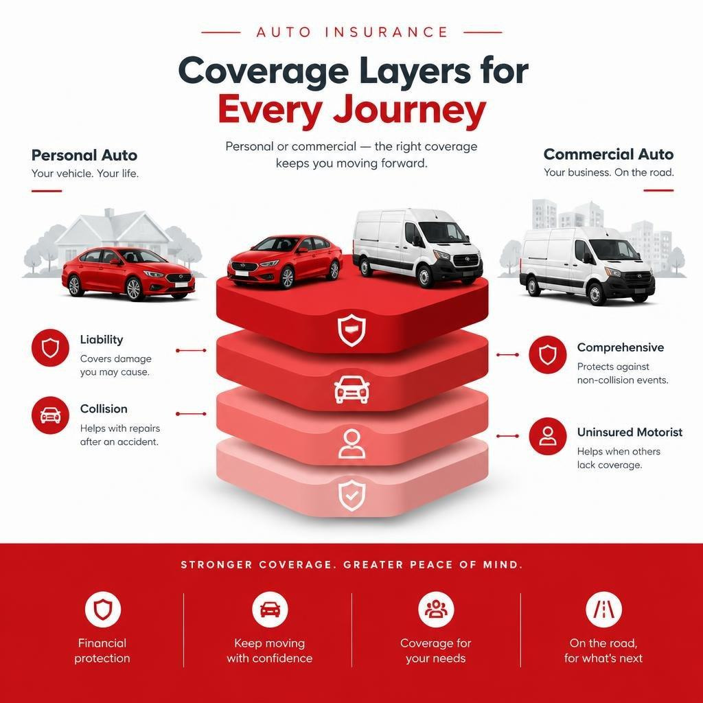Infographic comparing personal and commercial auto insurance, showing cars, delivery vans, and coverage types including liability, collision, comprehensive, and uninsured motorist protection.
