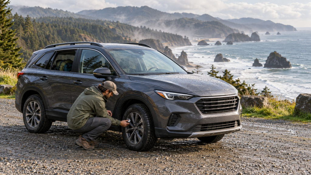 A traveler checks an SUV’s tire pressure at a scenic pullout overlooking the rugged Pacific Northwest coastline.