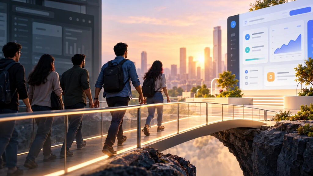 Group of people walking across a futuristic bridge toward a modern software dashboard, symbolizing the transition from an existing product to a redesigned experience.
