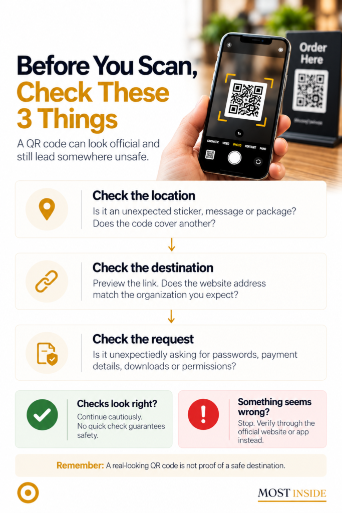 Infographic showing three QR code safety checks: inspect the code for tampering, verify the website address, and question unexpected requests for personal or payment information.